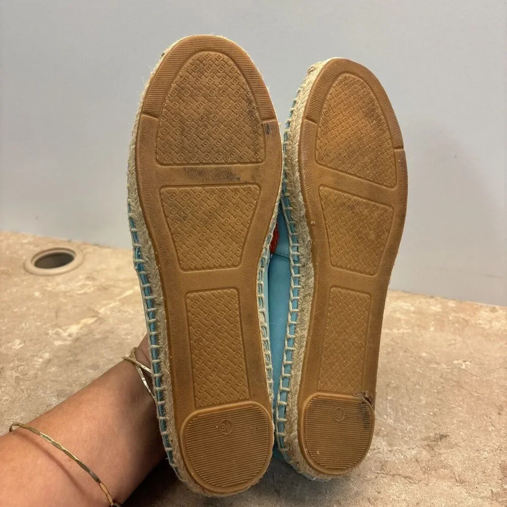 Tory Burch Sunglasses Leather Espadrille Shoes Women 8.5 Logo Leather Aqua